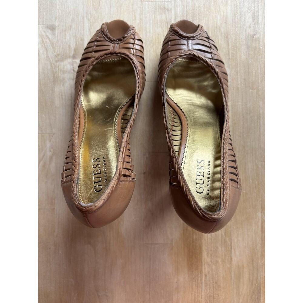 Guess Womens Sz 10M Brown Woven Braided Leather Open Toe Wood High Heels Shoes - Picture 5 of 10
